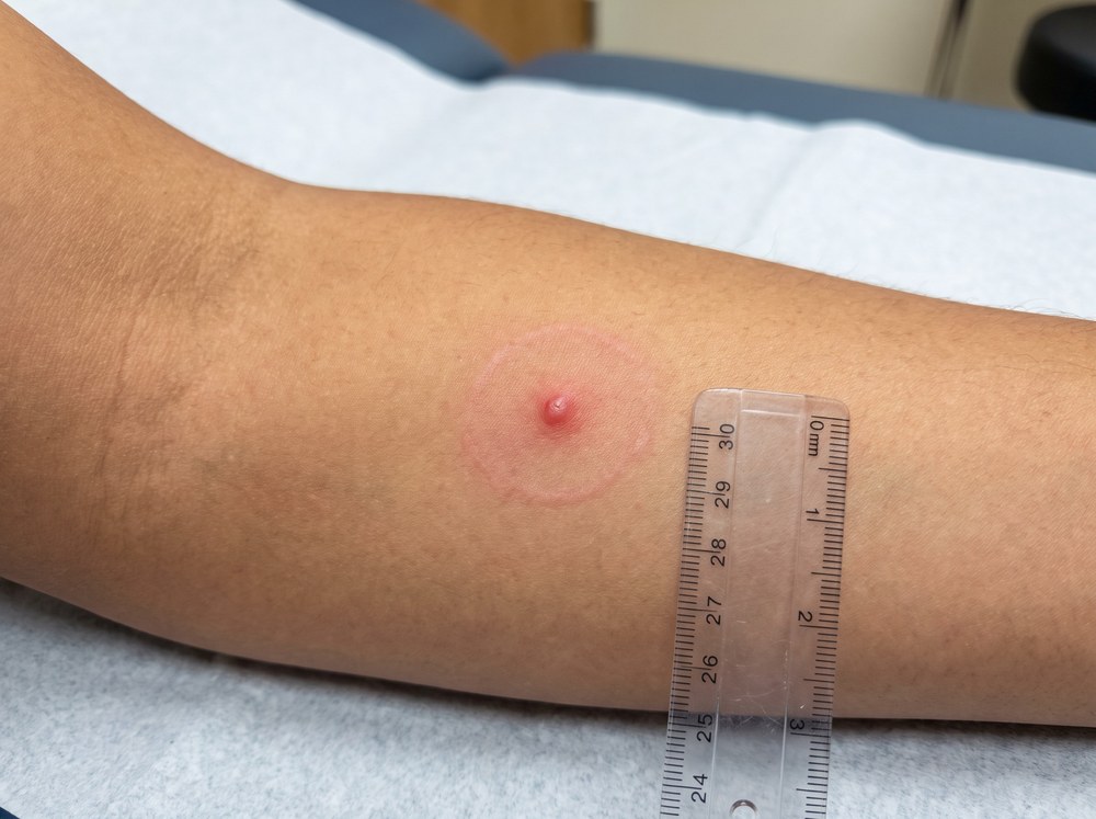 Close-up photo of a fresh red swollen bite mark with two faint puncture points, consistent with a wolf spider bite